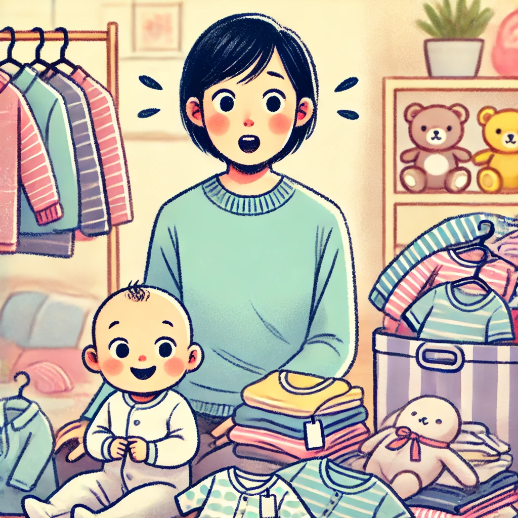 「日本人の親が大量の赤ちゃん服に囲まれて驚いた表情をしている。赤ちゃんはその中で楽しそうに座っていて、未使用の服にはタグがついたまま。背景は家庭のリビングで、買いすぎた体験をユーモラスに描いている。」