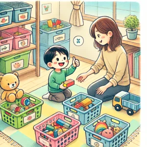 「4歳の日本人の子どもが遊び感覚でおもちゃを片付けている。楽しそうな表情で集中しながら、ブロックやぬいぐるみを収納ボックスに入れており、親がそばで微笑んで見守っている。」