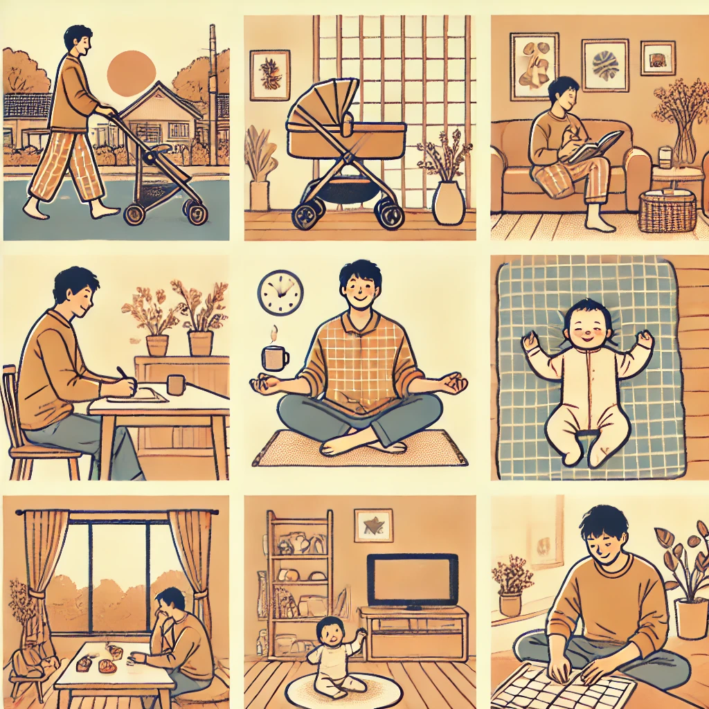 「赤ちゃんとの生活の中で、ストレスをためずに過ごす日本人の父親。ベビーカーで散歩したり、赤ちゃんが寝ている間にコーヒーを飲んだり、ストレッチをしたりと、落ち着いた習慣が描かれている。」