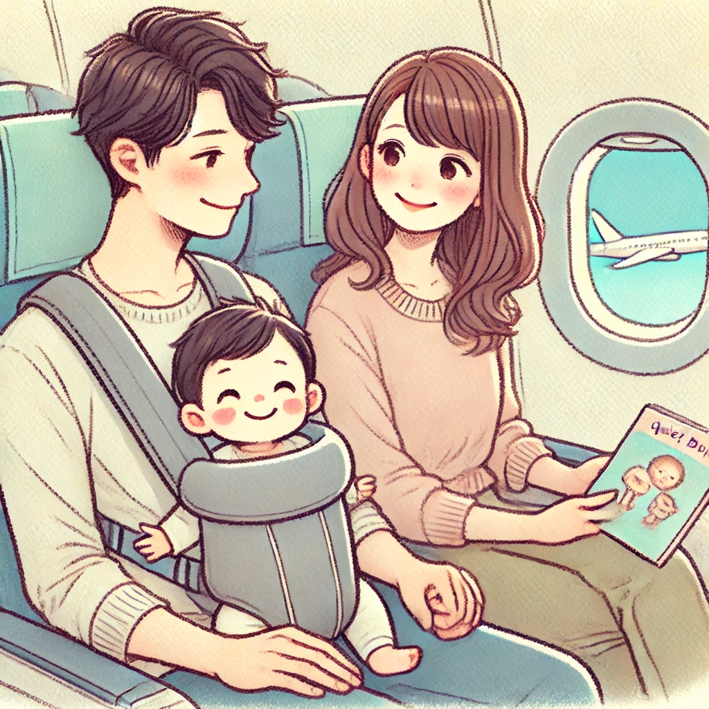 飛行機の座席で、赤ちゃんを抱っこする日本人夫婦。赤ちゃんは笑顔で落ち着いており、家族はリラックスした様子。窓の外には青空が見える。