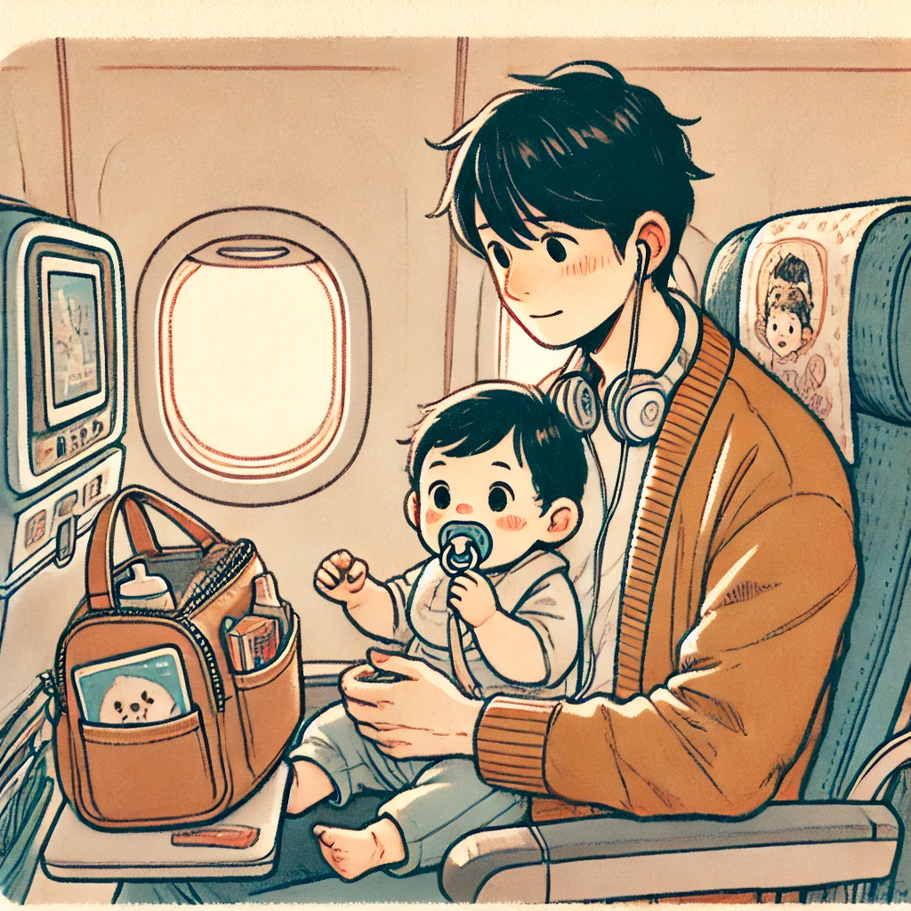 「飛行機の中で赤ちゃんを抱っこする日本人の父親。おしゃぶりやおもちゃで赤ちゃんをあやしながら、少し緊張した表情。横には育児グッズが詰まったバッグがあり、真剣に準備した様子が伝わる。」