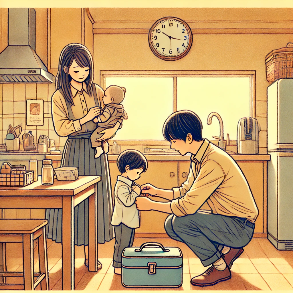 朝の忙しい時間に家族で支度をする共働きの日本人家庭。父親が子どもの服を着せ、母親がお弁当を詰めている。壁の時計は朝の時間を示し、家族が協力しながら慌ただしくも前向きに準備している様子。