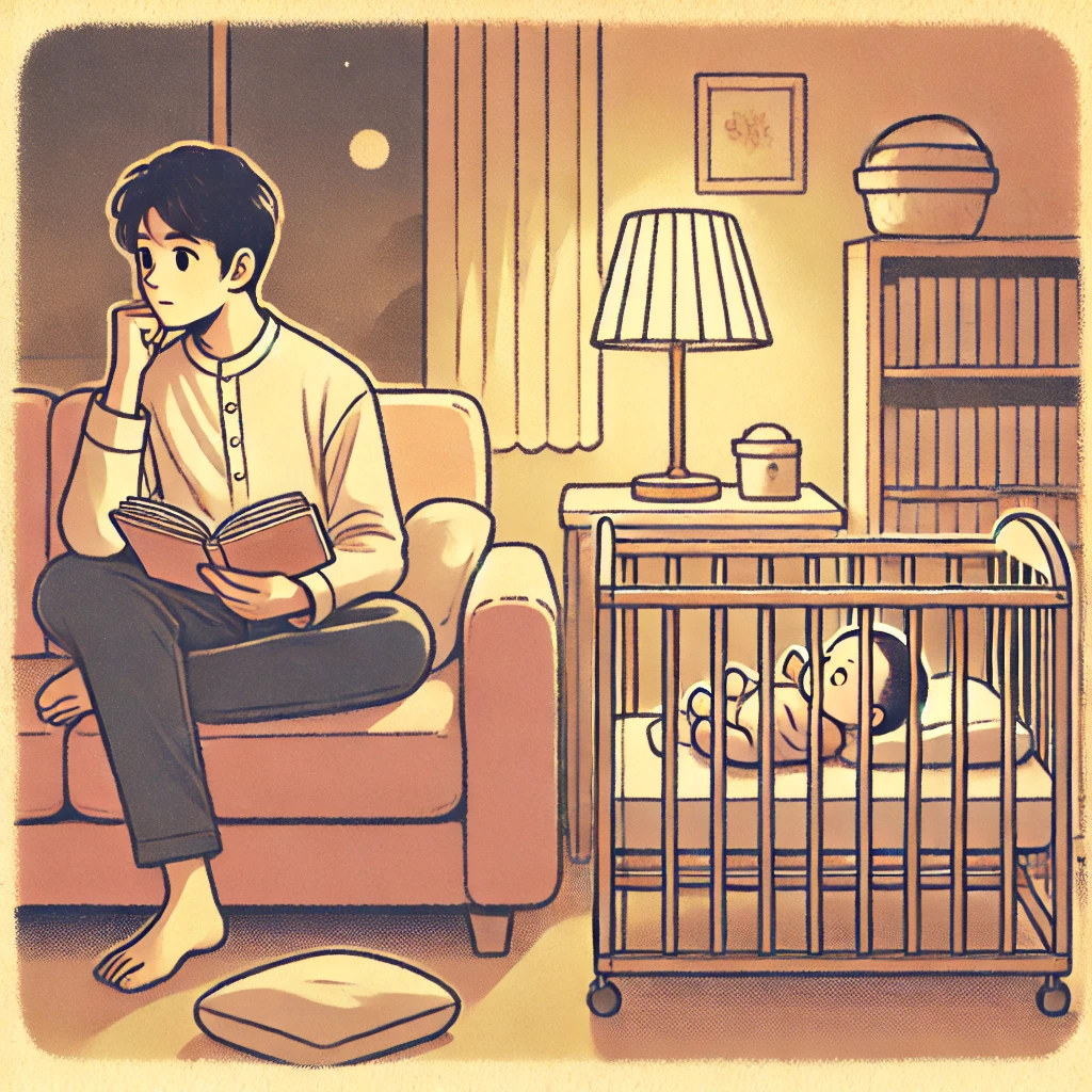 「夜、育児に疲れた日本人の親がソファに座り、本を読んでいる。近くで赤ちゃんが静かに眠っており、部屋はやさしい照明で照らされている。親は本から元気や気づきを得ているような表情。」