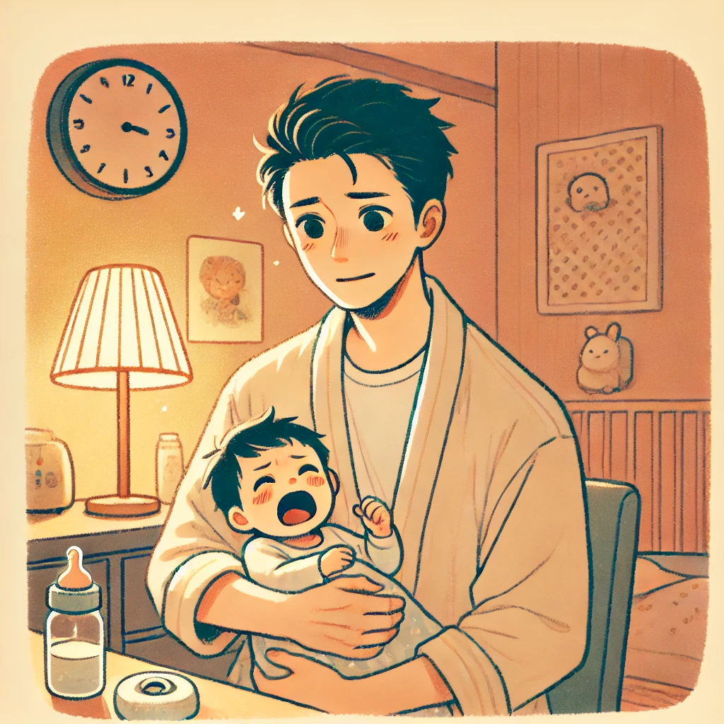 夜中に赤ちゃんを抱っこしてあやす日本人の父親。赤ちゃんは泣いており、父親は疲れた様子ながらも優しく微笑んでいる。部屋には柔らかな明かりが灯り、育児のリアルな一場面が描かれている。
