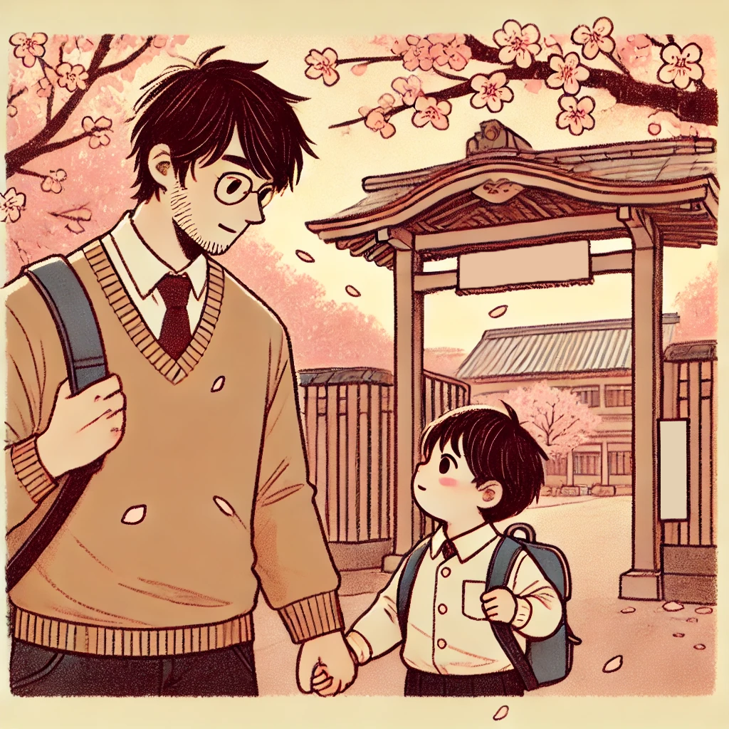 小規模保育園から認定こども園に転園する親子の春の登園風景。共働き家庭の新生活を描いたイラスト。